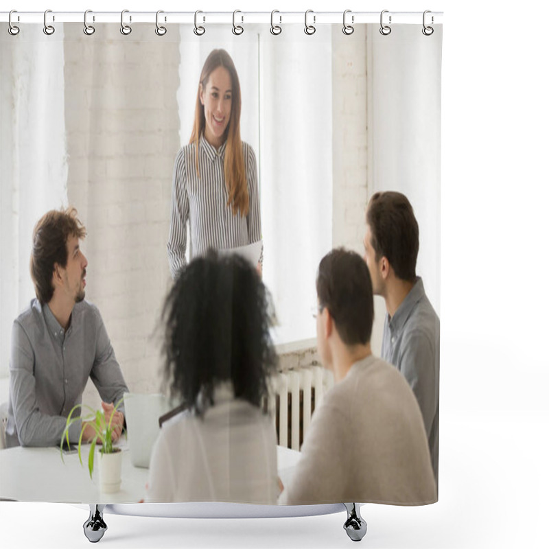 Personality  Smiling Team Leader Presenting New Project To Employees At Meeti Shower Curtains