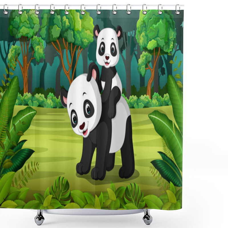 Personality  Panda With Baby Panda In The Forest Shower Curtains