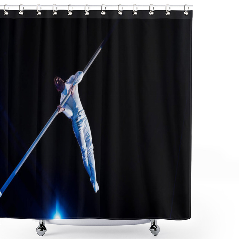 Personality  Low Angle View Of Man Balancing While Holding Metallic Pole In Arena Of Circus  Shower Curtains