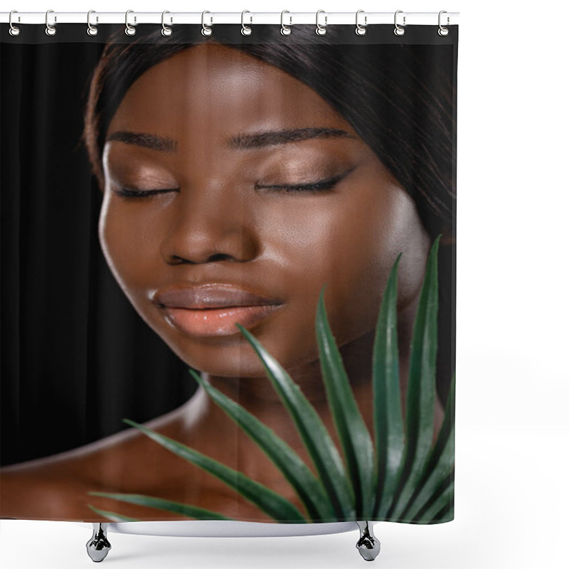 Personality  African American Naked Woman With Closed Eyes And Green Palm Leaf Isolated On Black Shower Curtains