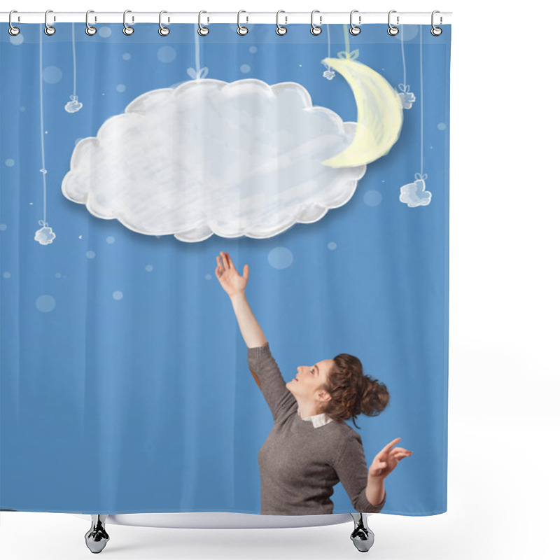 Personality  Young Girl Looking At Cartoon Night Clouds With Moon  Shower Curtains