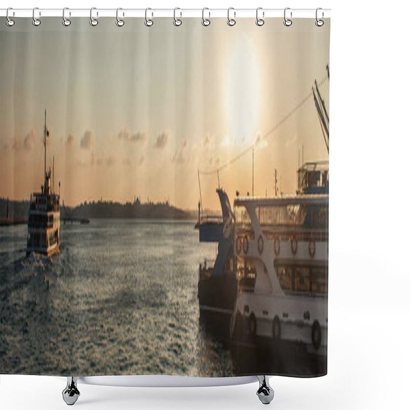 Personality  Ships In Sea With Sunset Sky At Background In Istanbul, Turkey, Banner  Shower Curtains