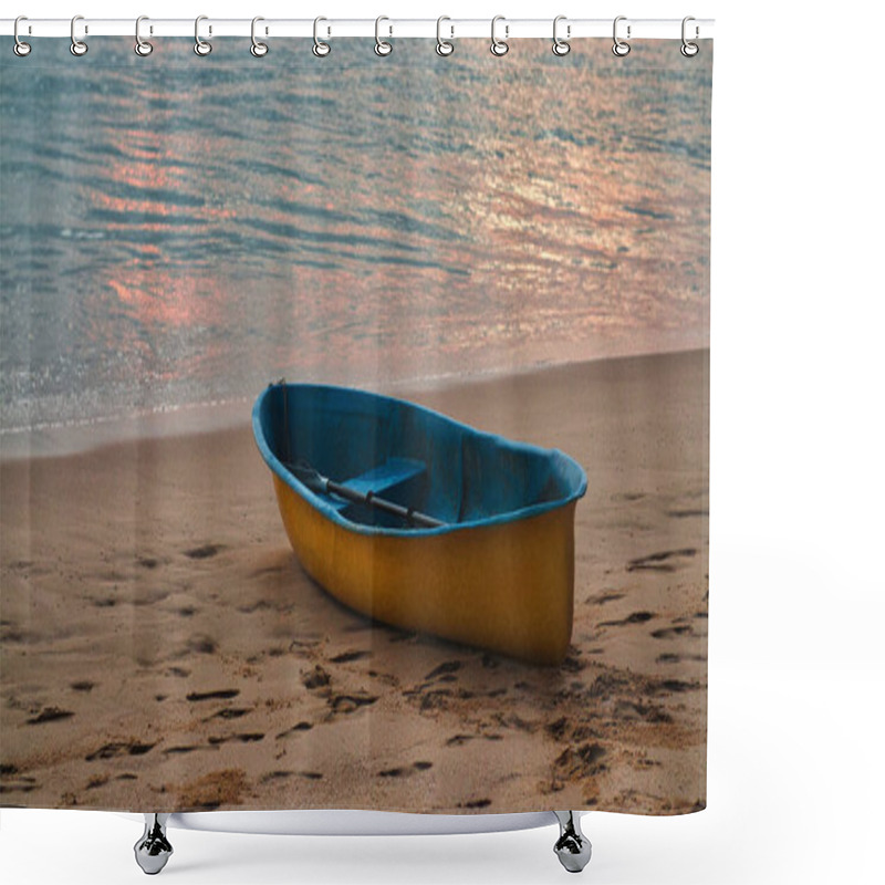 Personality  An Old Blue Fish Boat Lies On A Sandy Beach At Sunset Shower Curtains