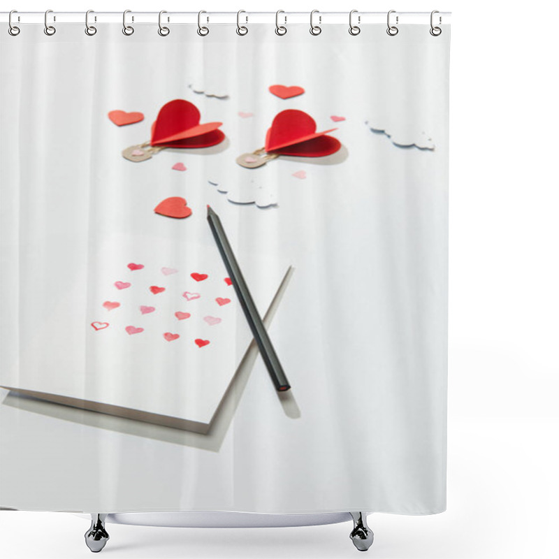 Personality  Selective Focus Of Greeting Card With Hearts And Pencil Near Paper Heart Shaped Air Balloons In Clouds On White Background Shower Curtains