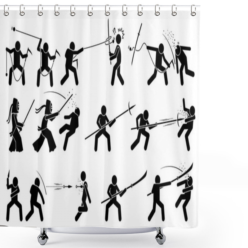 Personality  Man Attacking Opponent With Traditional Japanese Melee Fighting Weapons. Shower Curtains