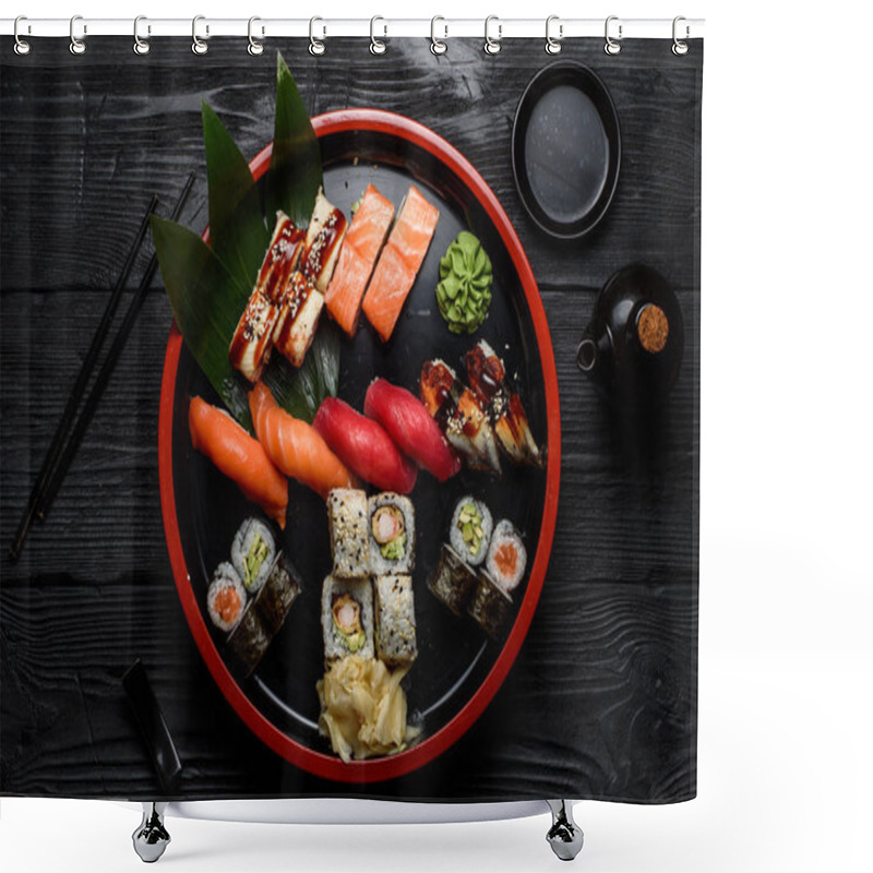 Personality  Japanese Cuisine. Sushi Set On A Round Plate Over Dark Wooden Background. Shower Curtains