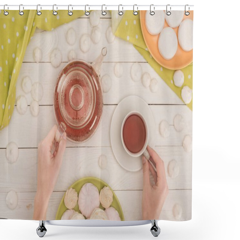 Personality  Woman With Tea And Marshmallows   Shower Curtains