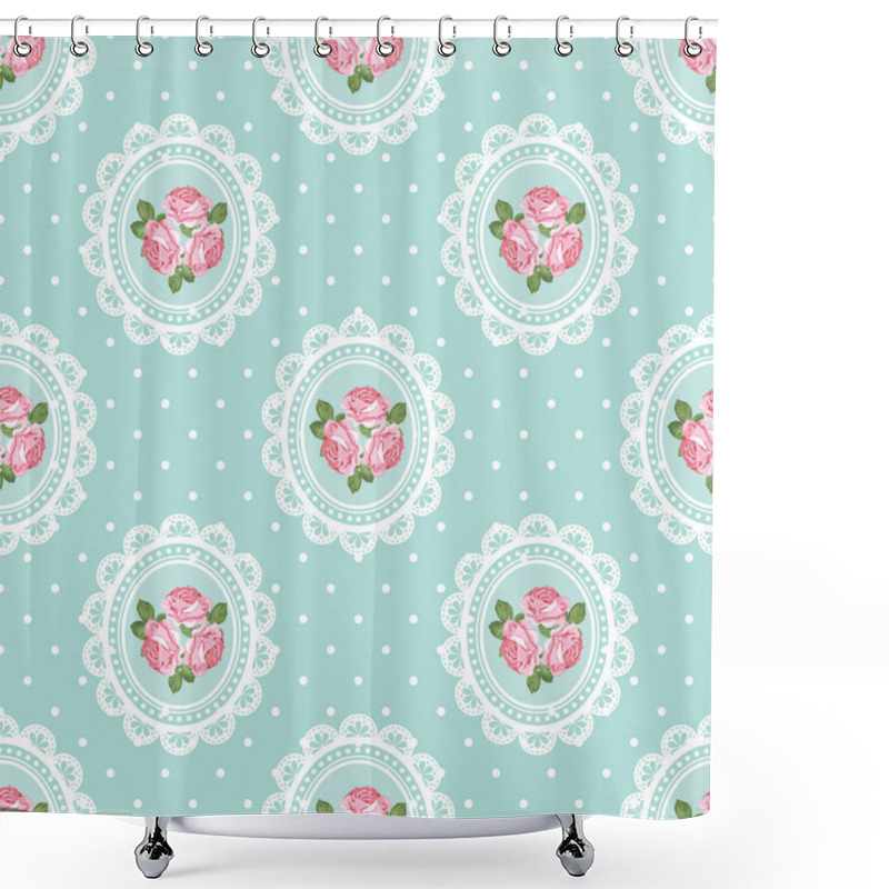 Personality  Shabby Chic Rose Seamless Pattern On Polka Dot Background Shower Curtains