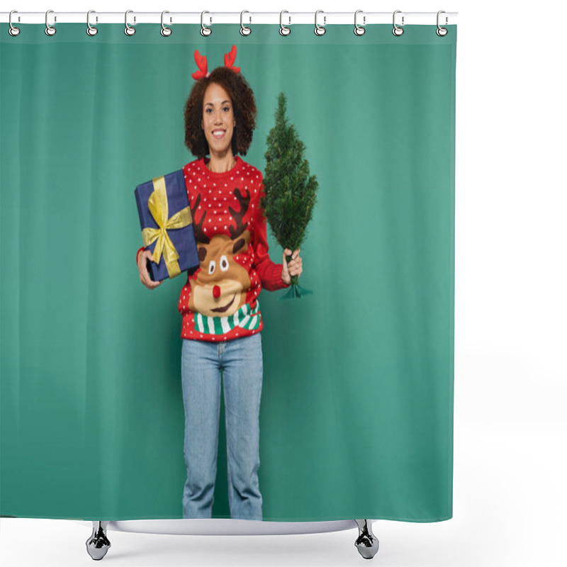 Personality  Happy African American Woman In Red Sweater With Reindeer Holding Christmas Tree And Blue Gift Box Isolated On Green Shower Curtains