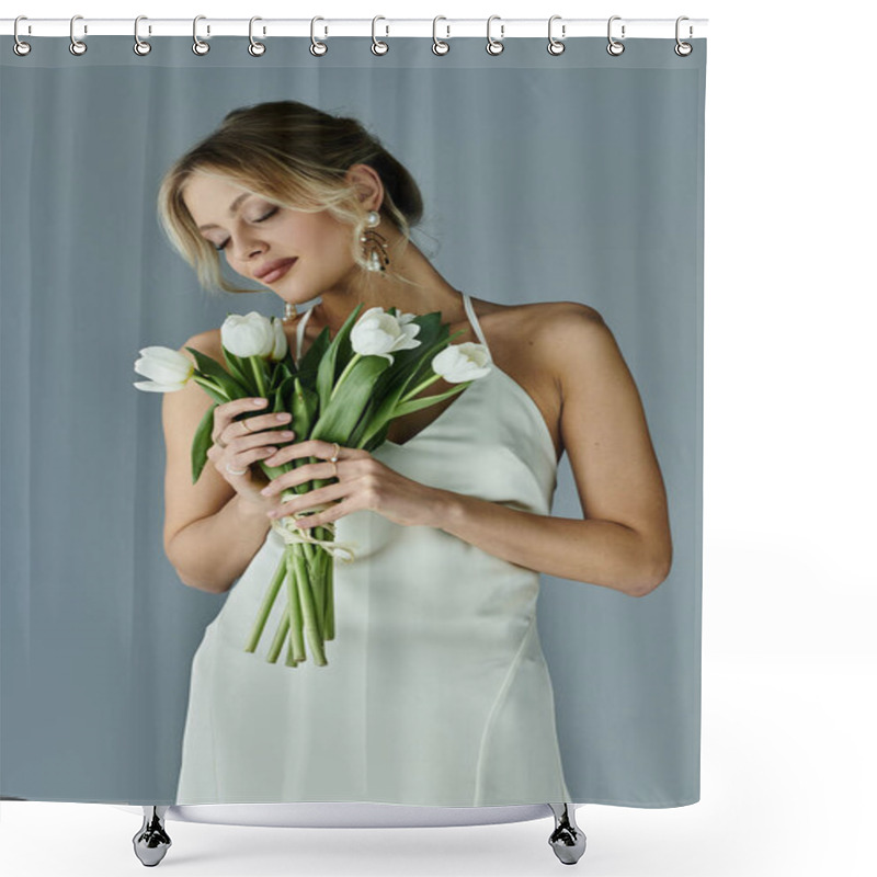 Personality  A Young Blonde Woman Exuding Elegance Holds A Bouquet Of Flowers In A White Dress Against A Grey Backdrop. Shower Curtains