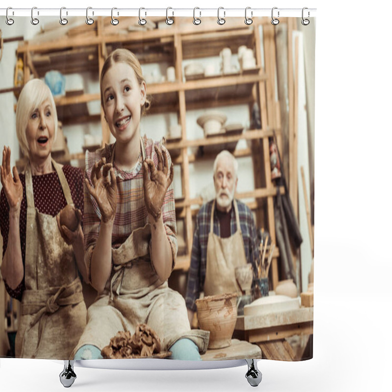 Personality  Grandmother And Grandfather With Granddaughter Making Pottery At Workshop Shower Curtains