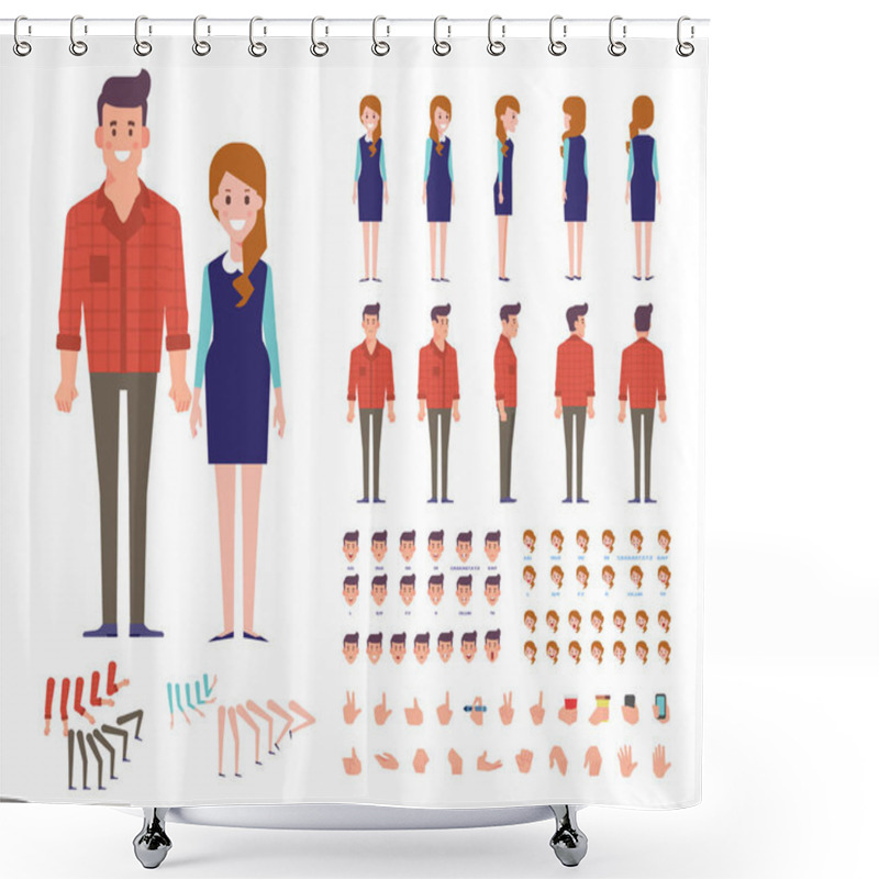 Personality  Front, Side, Back, 3/4 View Animated Character. Young Man And Woman Characters Constructor With Various Views, Face Emotions, Lip Sync, Poses And Gestures. Cartoon Style, Flat Vector Illustration. Shower Curtains