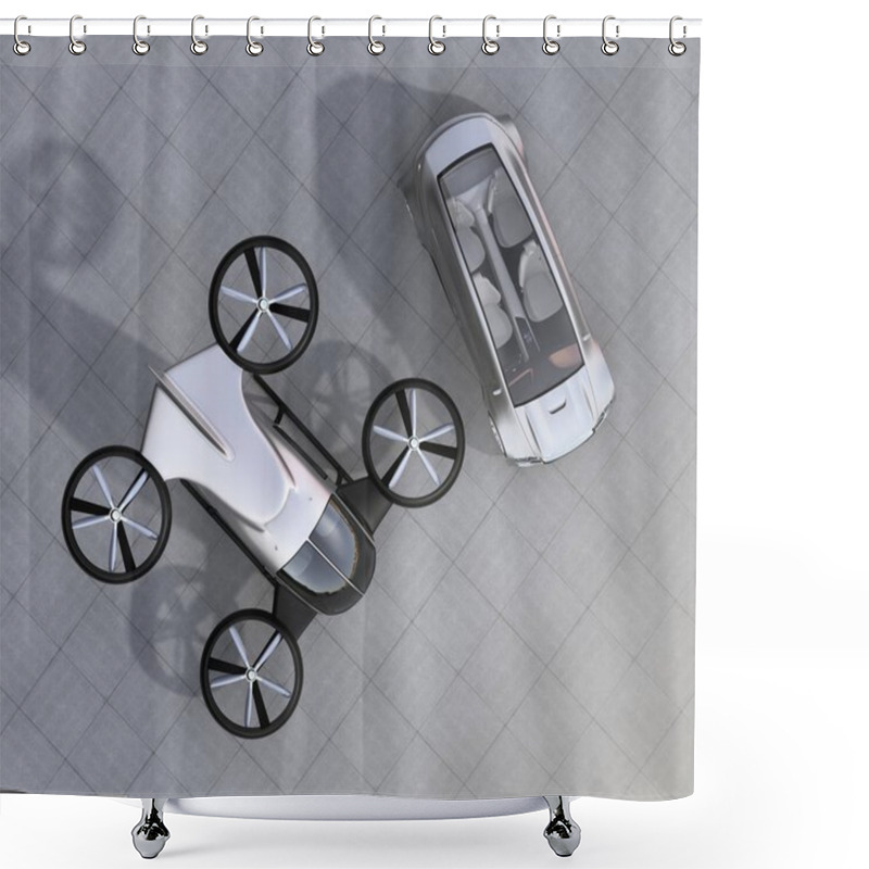 Personality  Top View Of Self-driving Car And Passenger Drone Parking On The Ground Shower Curtains