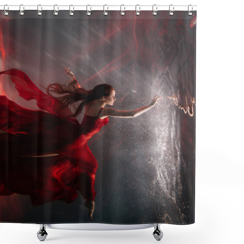 Personality  Fantasy Mystery Woman Swims Underwater Touches Magic Light Mirror, Looks Into Reflection. Fairy Tale Beauty Girl Princess Sleeping Soars Floating In Dream Dark Water. Art Ballerina Dancing Red Dress. Shower Curtains