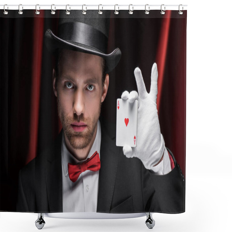 Personality  Magician Holding Playing Cards In Circus With Red Curtains Shower Curtains