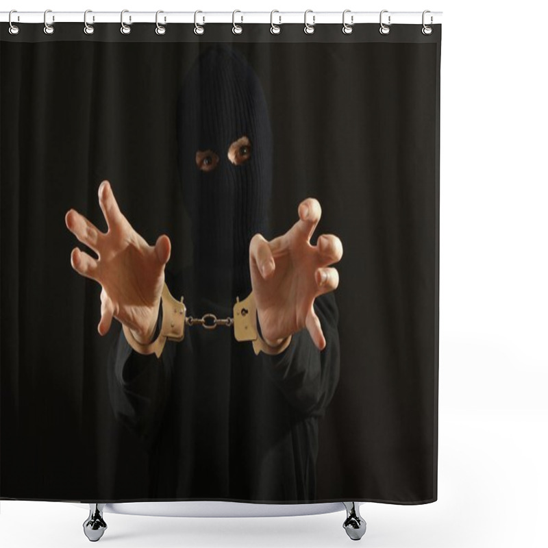 Personality  Angry Bandit In Black Mask Handcuffed Isolated On Black Shower Curtains