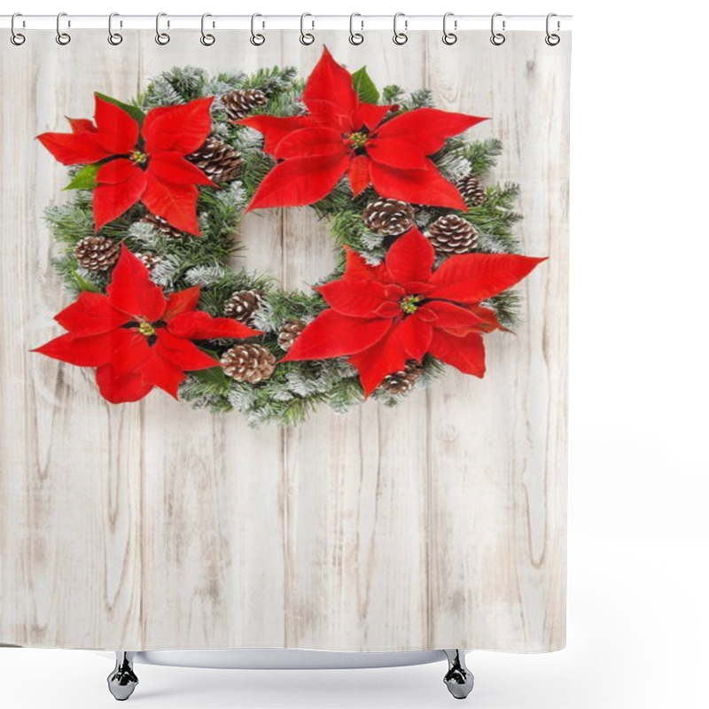 Personality  Christmas Wreath Red Poinsettia Flowers Wooden Background Shower Curtains