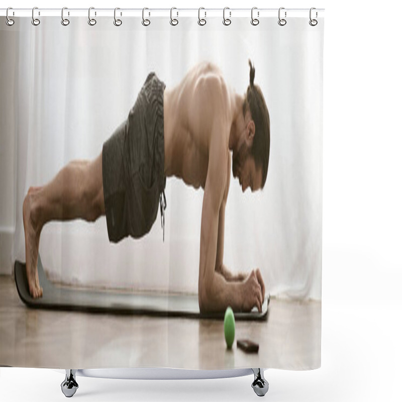 Personality  A Man Showcases His Strength On A Yoga Mat With Push-ups. Shower Curtains