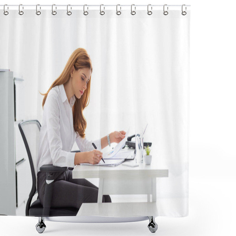 Personality  Side View Of Businesswoman Working With Papers And Charts At Office Table  Shower Curtains