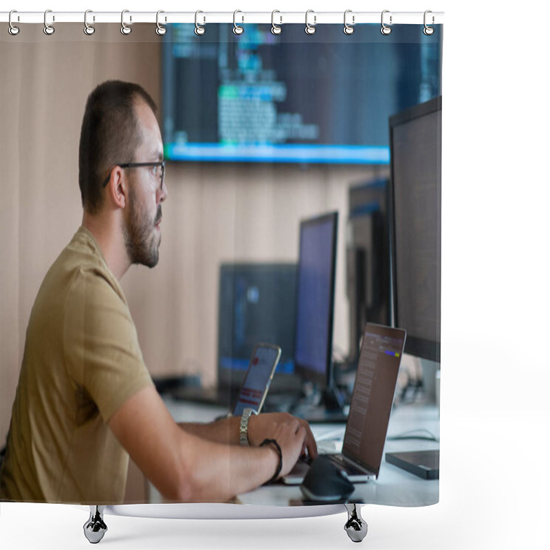 Personality  A Programmer Diligently Testing Smartphone Applications While Sitting In Their Office Shower Curtains