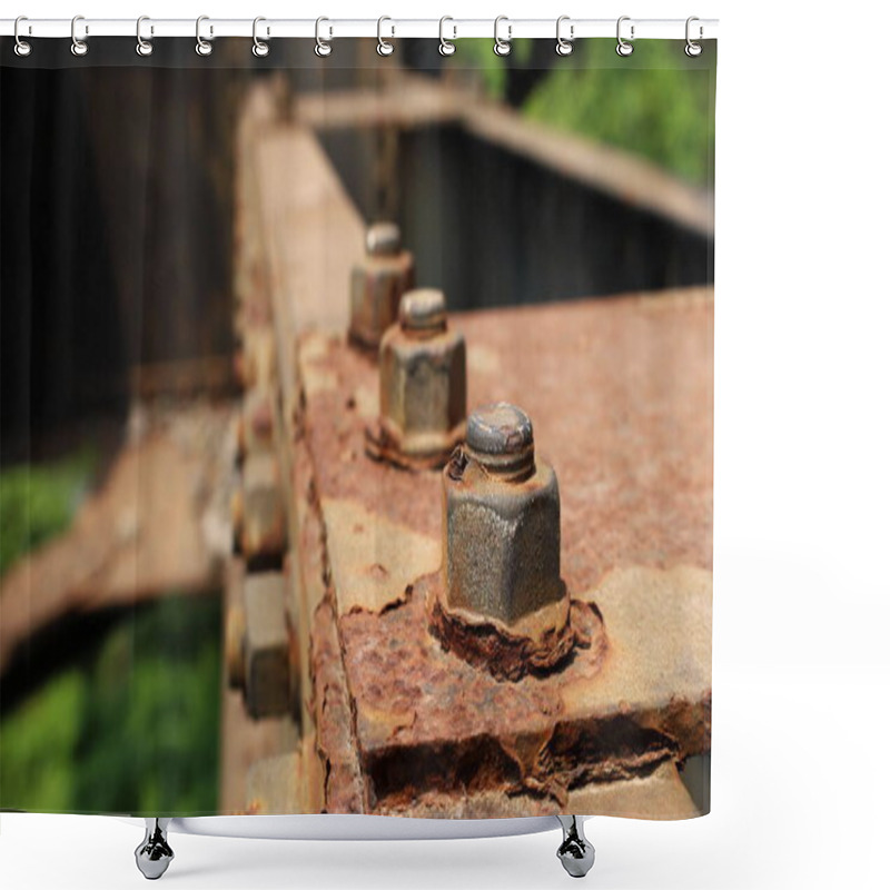 Personality  Rusted Bolts And Threads On The Old Bridge Structure. On A Green Tree Background. Close Focus And Select Objects Shower Curtains