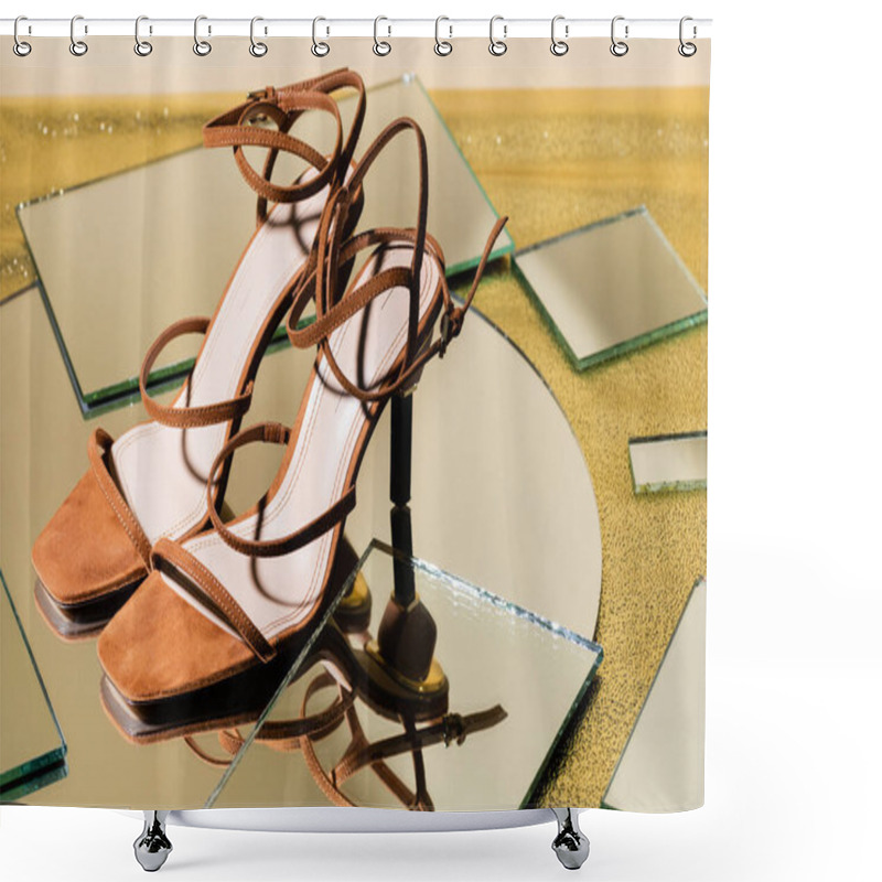 Personality  Pair Of Brown Suede Elegant Heeled Sandals On Mirror Surface Shower Curtains