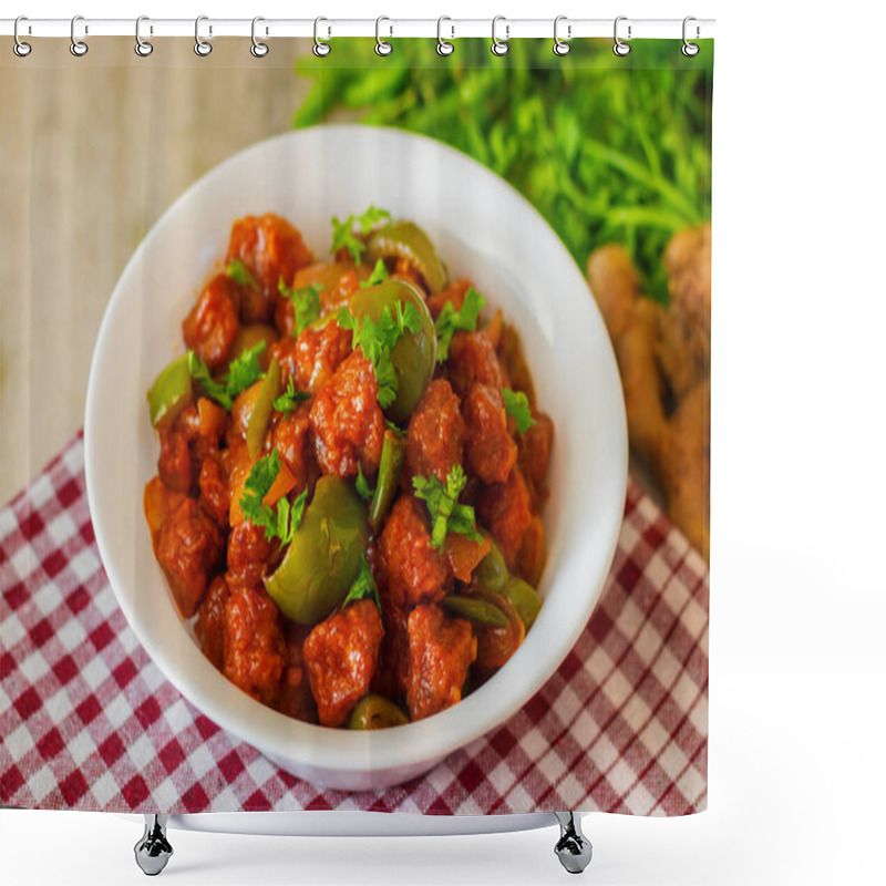 Personality  Selective Focus Of Soya ManchurianChili Soya Bean Chunks Recipe. With A Decorative Background. Shower Curtains