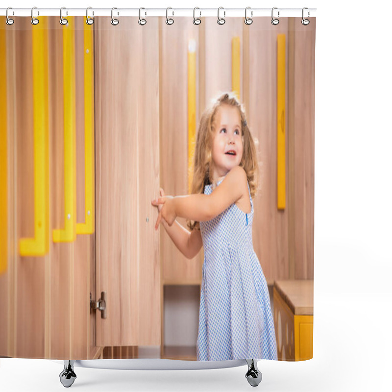 Personality  Smiling Adorable Kid Opening Locker In Kindergarten Cloakroom Shower Curtains