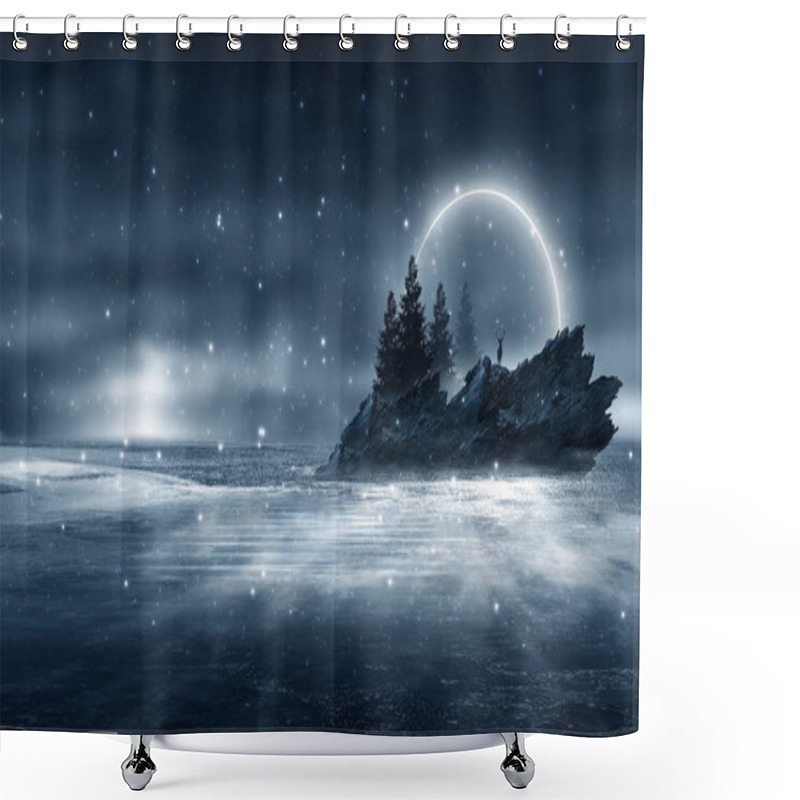 Personality  Futuristic Night Landscape With Abstract Forest Landscape. Dark Natural Forest Scene With Reflection Of Moonlight In The Water, Neon Blue Light. Dark Neon Circle Background, Dark Forest, Deer, Island. Shower Curtains