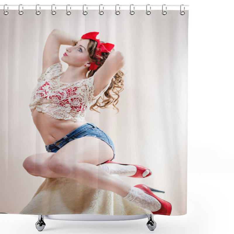 Personality  Woman With Red Lips Sitting On A Chair Shower Curtains