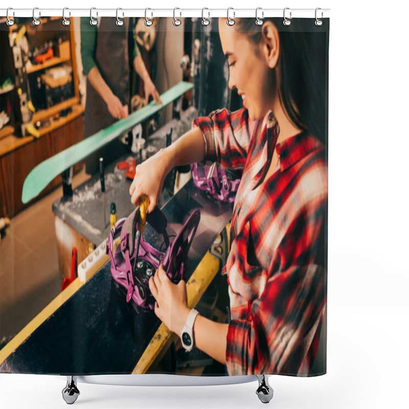 Personality  Selective Focus Of Smiling Worker Screwing Snowboard Binding To Snowboard In Repair Shop  Shower Curtains