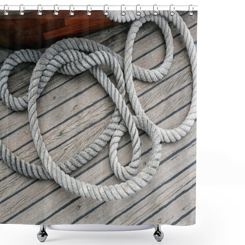 Personality  Coiled Rope On A Wooden Deck Shower Curtains