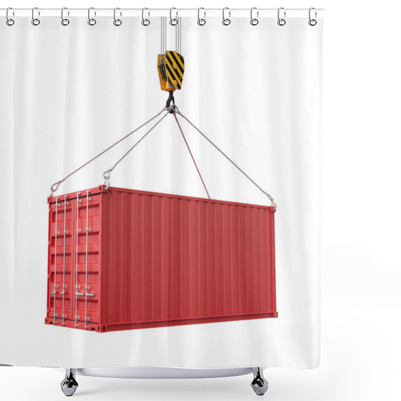 Personality  3d Rendering Of Closed Red Cargo Container Suspended From Crane, Isolated On White Background. Shower Curtains