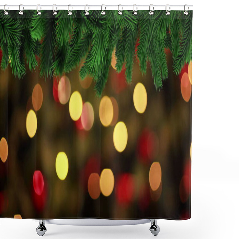 Personality  Digital Image Of Green Branches Against Red Spots Of Light Blinking On Black Background. Christmas Festivity Celebration Tradition Concept Shower Curtains