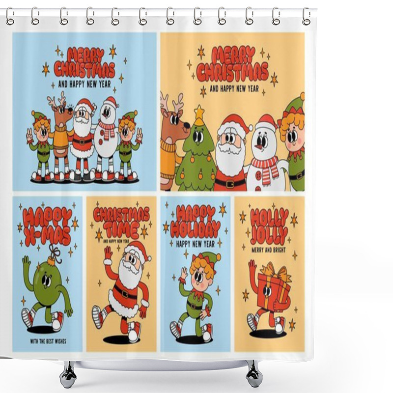 Personality  Groovy Christmas Posters. Comic 70s Holiday Cards. Cartoon Funny Characters And Elements. Retro Santa Claus, Snowman, Gift, Christmas Ball Funky Mascots New Year Toy For Prints. Vector Illustration Shower Curtains