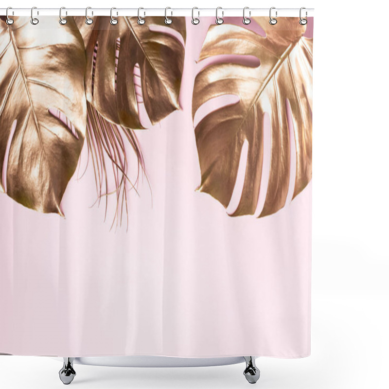 Personality  Exotic Summer Trend In Minimal Style. Golden Tropical Palm Monstera Leaf On Pastel Pink Color Background. Shiny And Sparkle Design, Fashion Concept. Shower Curtains