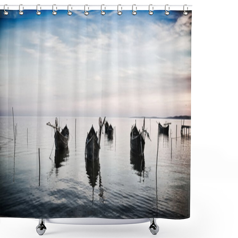 Personality  Fishing Boats On The Lake At Sunset Shower Curtains