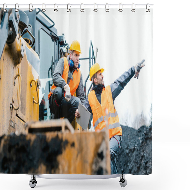 Personality  Foreman Showing Worker In Open-cast Mining Pit Direction Shower Curtains