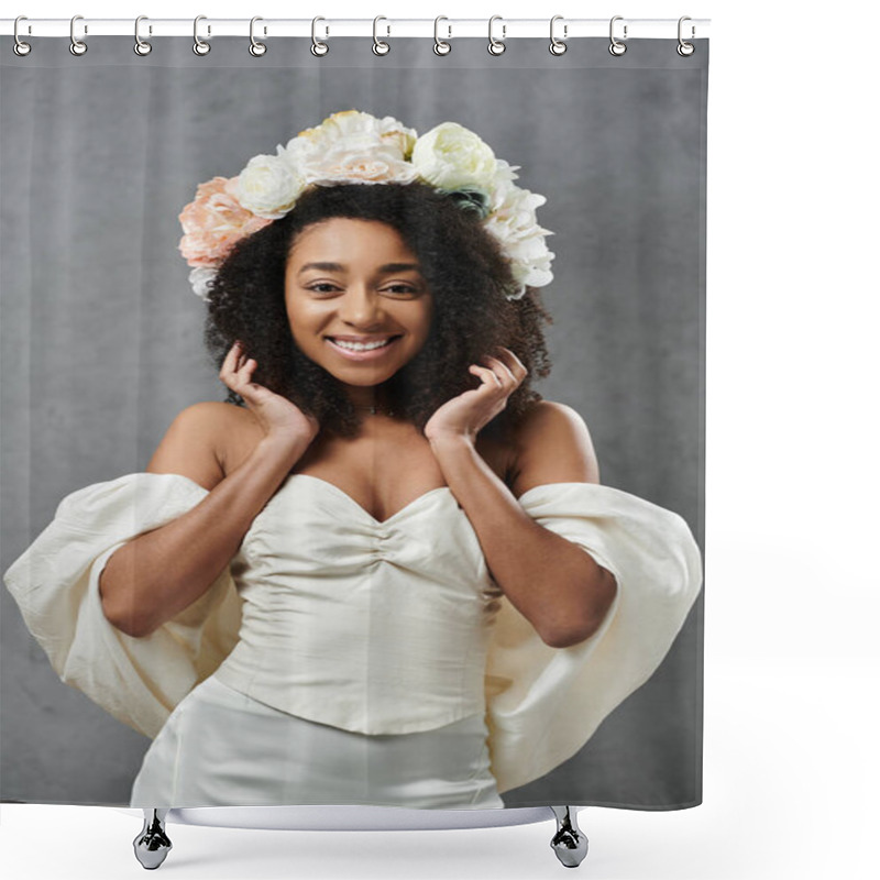 Personality  A Beautiful African American Bride In A White Wedding Dress Smiles While Wearing A Floral Crown. Shower Curtains