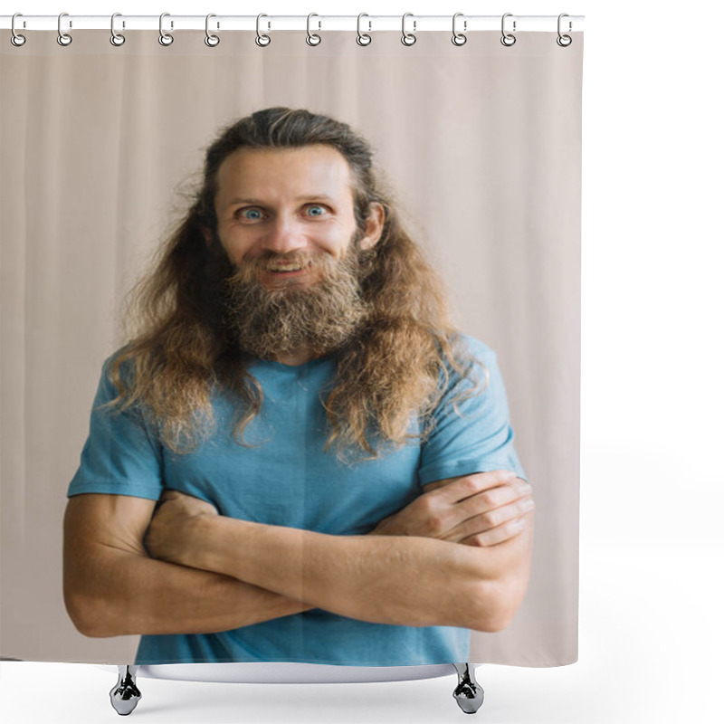 Personality  Portrait Of Smiling Positive Hipster Man With Beard And Mustache Posing For Camera Isolated On Background. Caucasian Man With Crossed Arms, Emotional Face Wearing Blue Basic T Shirt Standing Indoors Shower Curtains