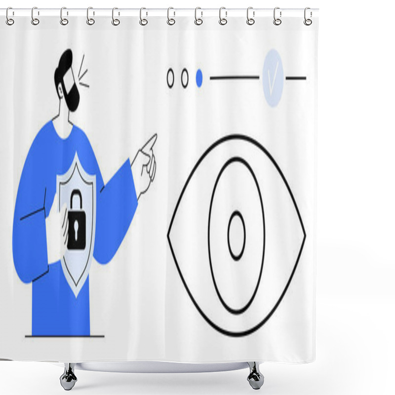 Personality  Man Pointing At Interface With Dots And Checkmark. Shield With Lock Symbolizes Security. Eye Represents Vision Or Oversight. Ideal For Data Protection, Privacy, Cybersecurity, Information Security Shower Curtains