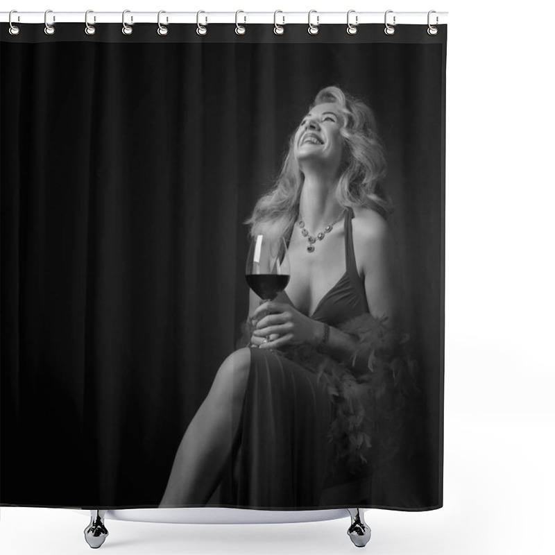 Personality  Attractive Middle Age Woman In Evening Dress With Glass Of Red Wine. Happy Laughing Forty Years Blonde With Fluffy Feather Boa On A Black Background. Copy Space. Black And White. Shower Curtains