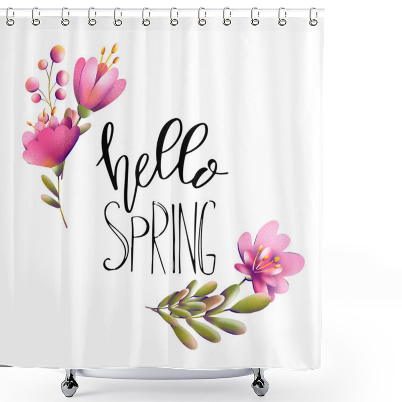 Personality  Digital Illustration Square Poster Postcard With Handwritten Hello Spring Lettering And Frame Of Pink Tulip Flowers And Green Branches. Print For Fabrics, Paper, Banner, Web Design And Posts. Shower Curtains