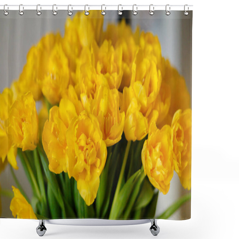 Personality  Flower Vase With Yellow Tulips. The Concept Of The Holiday Birthday, March 8, Mothers Day, Date, Valentines Day Shower Curtains