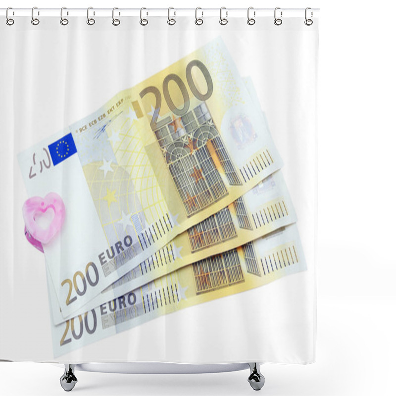 Personality  200 Euro Banknotes In The Clip For Money, Over White Shower Curtains