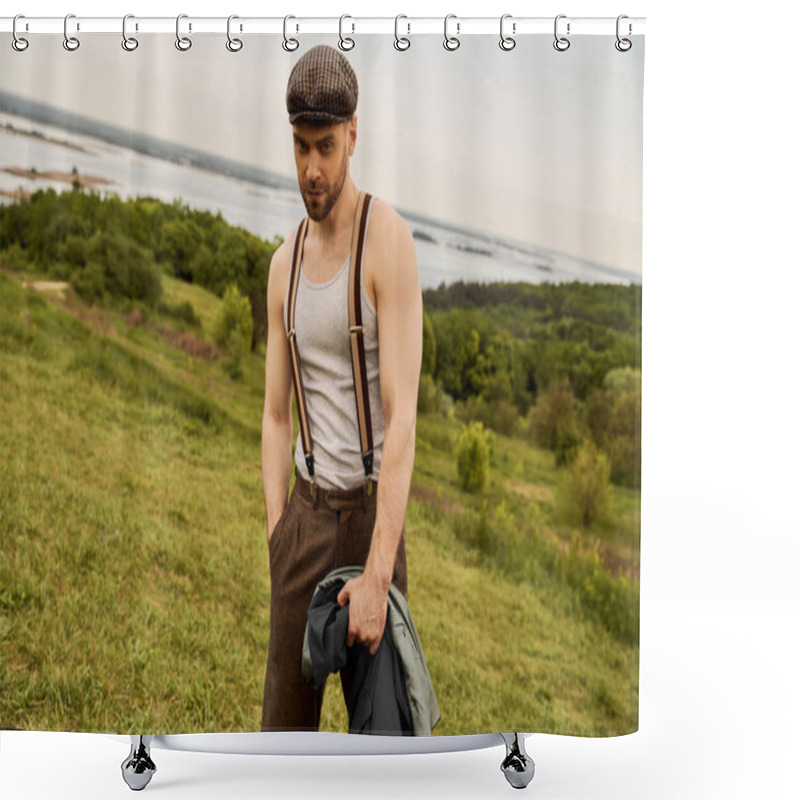 Personality  Stylish Bearded Man In Newsboy Cap And Suspenders Holding Hand In Pocket Of Pants And Jacket While Looking At Camera And Standing With Landscape At Background, Fashion-forward In Countryside Shower Curtains