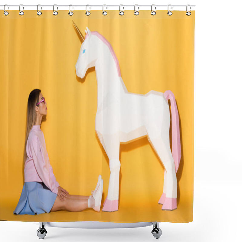 Personality  Side View Of Asian Female Model In Sunglasses Sitting On Floor And Decorative Unicorn On Yellow Background  Shower Curtains