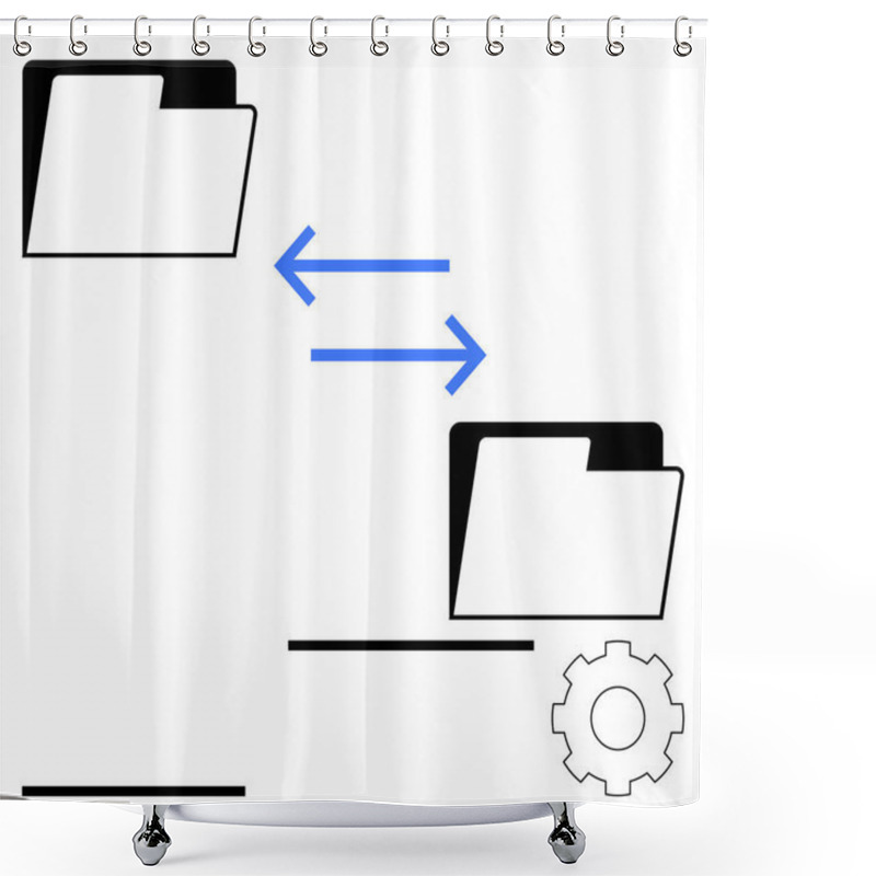 Personality  Two Folders Connected By Blue Bidirectional Arrows With A Gear Symbol. Ideal For Data Sharing, System Synchronization, File Organization, Digital Workflow, Tech Services, IT Systems, Abstract Line Shower Curtains