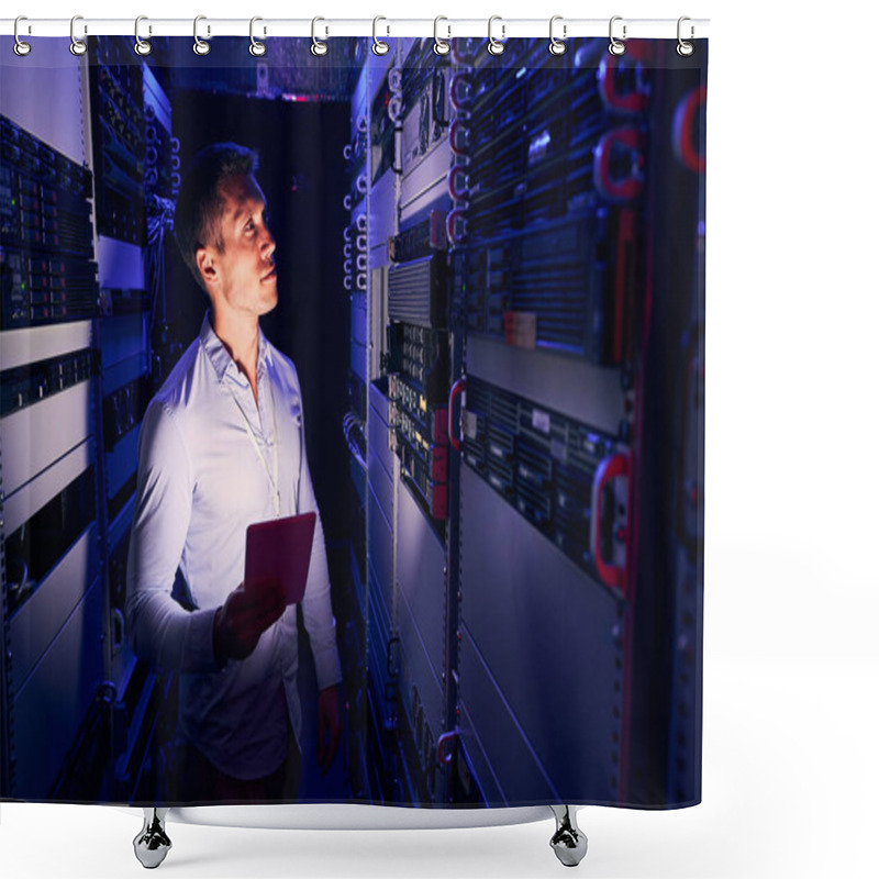 Personality  Data Center Employee Inspecting Equipment In Server Room Shower Curtains