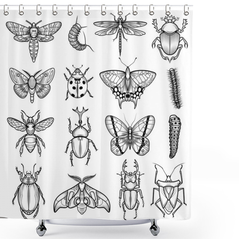 Personality  Insects Black White Line Icons Set Shower Curtains